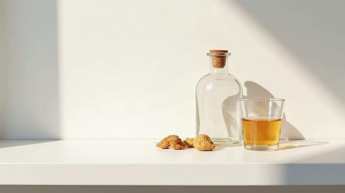 Flacon de pharmacie fermé, feuilles de séné séchées et verre d’eau sur une étagère